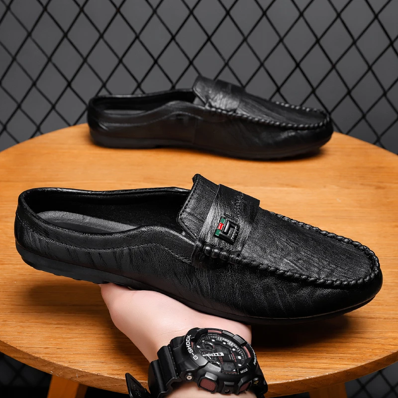 Мюли мужские кожаные легкие летние тапки без задника повседневные Нескользящие