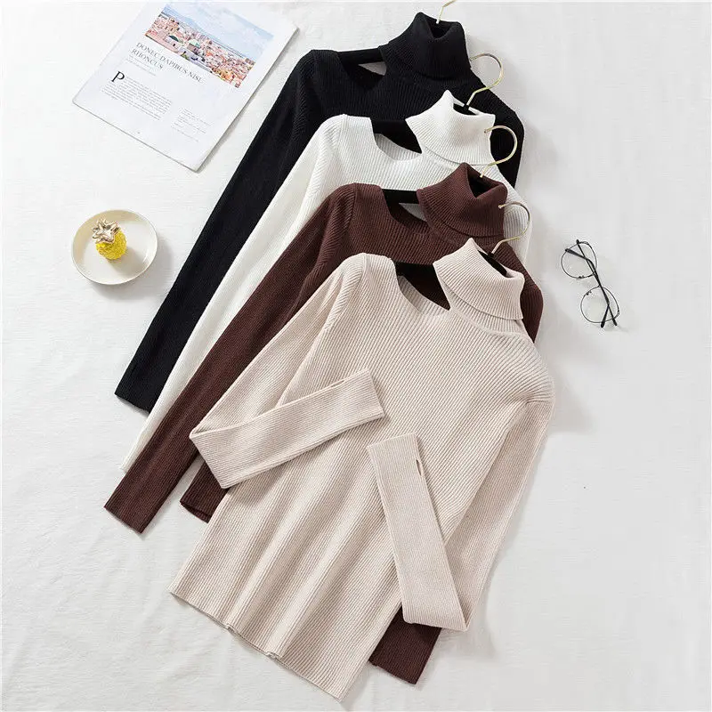 

Sweater Women New Turtleneck Halter Neck Leaky Shoulder Pullover Jumper Autumn Winter Leaky Knitted Bottoming Top Slim