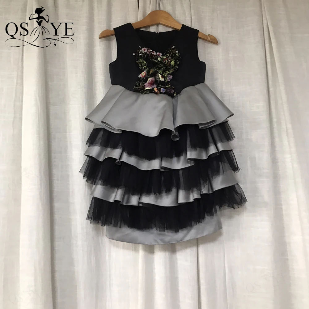 

Black Layers Flower Girl Dresses 3D Floral Lace Princess Prom Child Age 6 Embroidery Tiered Kids Tulle Satin Pageant Party Gown