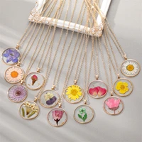handmade gutta percha resin dry flower pendant necklace 12 months birthday flower necklace gold color round charms women jewelry