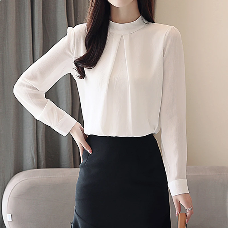 

Autumn White Tops Elegant Chiffon Blouse Casual Long Sleeve Women's Shirts Spring O-neck Folds Office Lady Clothing Blusas 22267