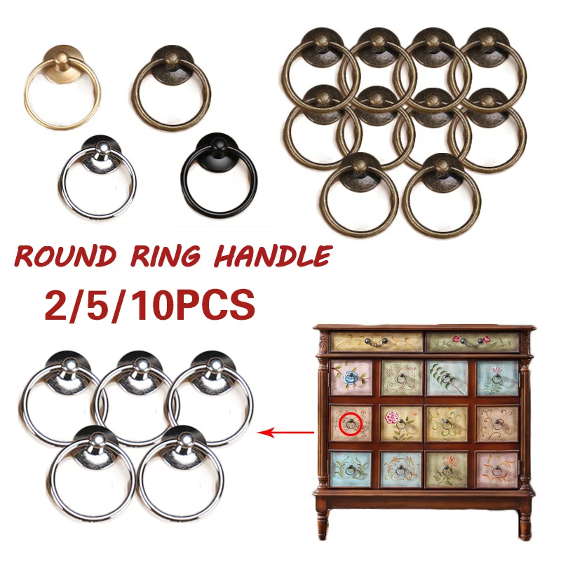 

2/10Pc Vintage Round Ring Furniture Door Pull Handle Alloy Cabinet Dresser Drawer Knob Handle Cupboard For Jewelry Box Door Ring