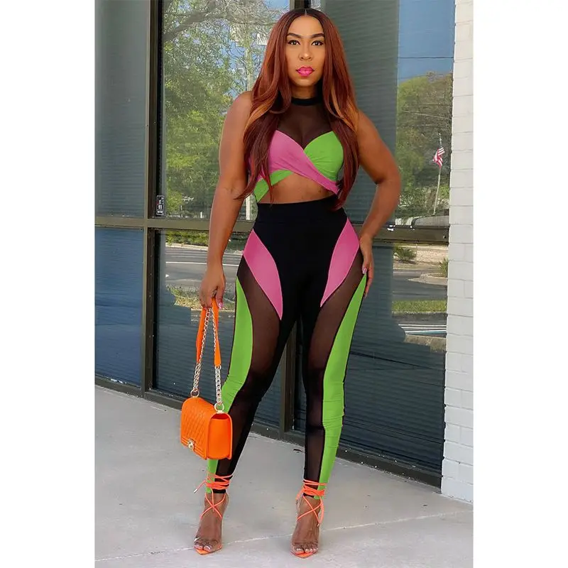 

Sexy 2 Pieces Set Women Summer Sleeveless Contrast Mesh Stitching Tank Top Pants Sets Y2k Casual Sports Streetwear Wholesale