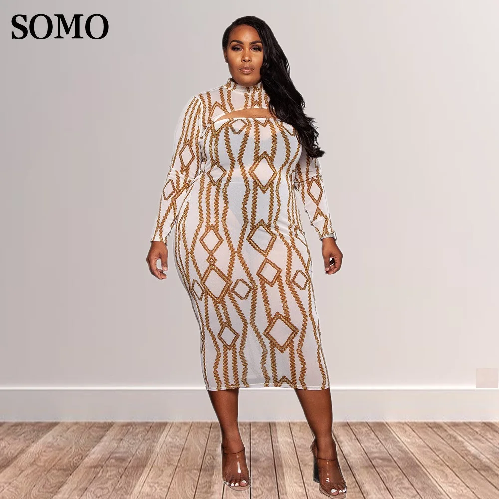

SOMO Printed Women Sexy Mesh Outfits See Through Long Sleeve Top Strapless Dress Plus Size Two Piece Sets Wholesale Dropshipping