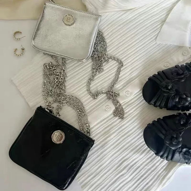 

New Korean Fashion Ins Mini Cross Bag For Women Shoulder Bags Pu Black Silver Zipper Lipstick Id Credit Card Money Storage Bags