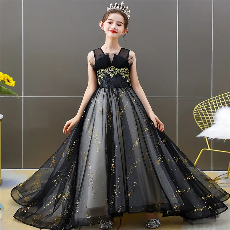 

2022 Summer Noble Black Birthday Evening Party Ceremony Princess Sequined Long Tail Dress For Children Girls Elegant Piano Dress