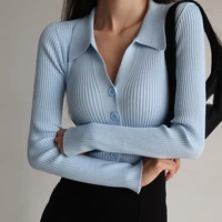women sexy v neck long sleeve turndown knitted cardigan sweater 2022 autumn new lapel slim slimming tops ladies hollow buttons