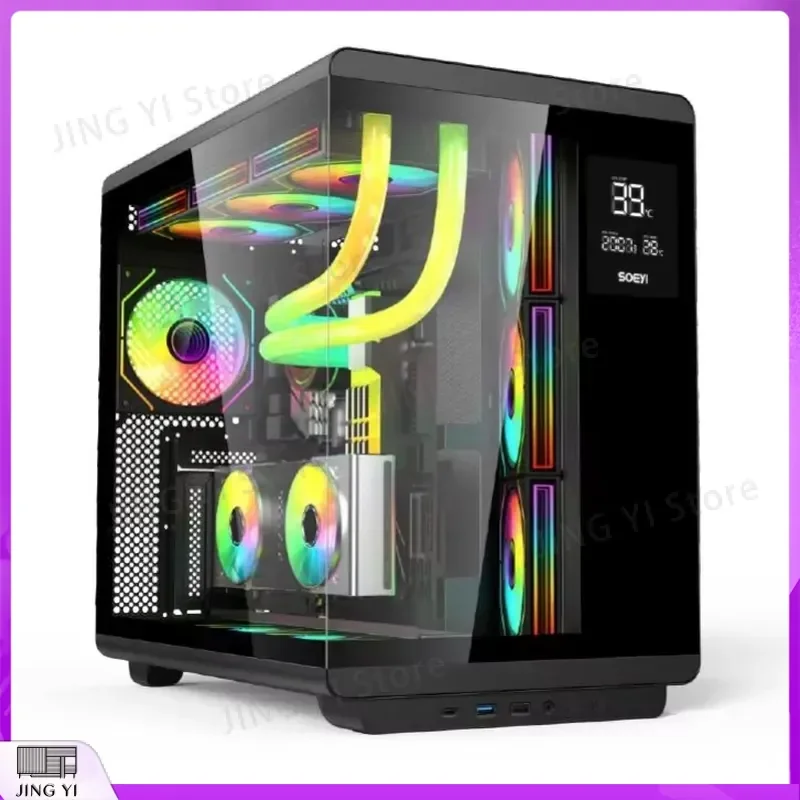 Фото Корпус для игрового ПК ATX с ЖК-экраном, среднеразмерный корпус для компьютера, шасси с закаленным стеклом, RGB-подсветкой, для геймеров, DIY-корпус для настольного ПК №3