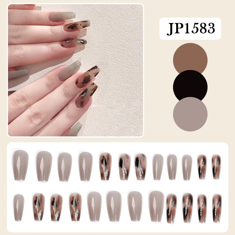 

Leopard False Nails French Long Press On Nails Elegant Fingernail Stickers Jelly Gel/Glue Type Removable Save Time WH998