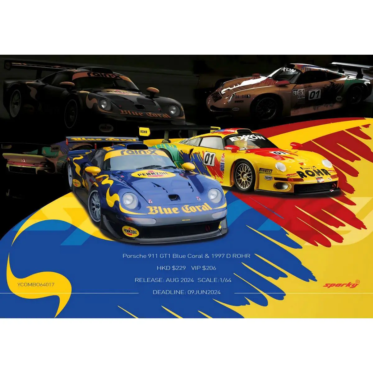 Фото Масштабная модель гоночного автомобиля 1:64 Porsche 911 GT1 1997 года, двухместный, Le Mans 24 часа, ROHR, из сплава, коллекционный сувенир, индивидуальный дизайн №2