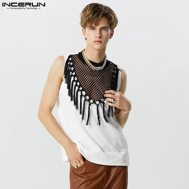 

INCERUN Tops 2023 American Style Men Knitted Mesh Hollow Tassel Design Vests Leisure Stylish Male Party Hot Sale Tank Tops S-5XL