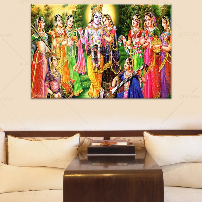 Индийская религия портрет картины на холсте Лорда Радха Кришны плакаты и печати на стену искусства Cuadros для гостиной домашнего декора.
