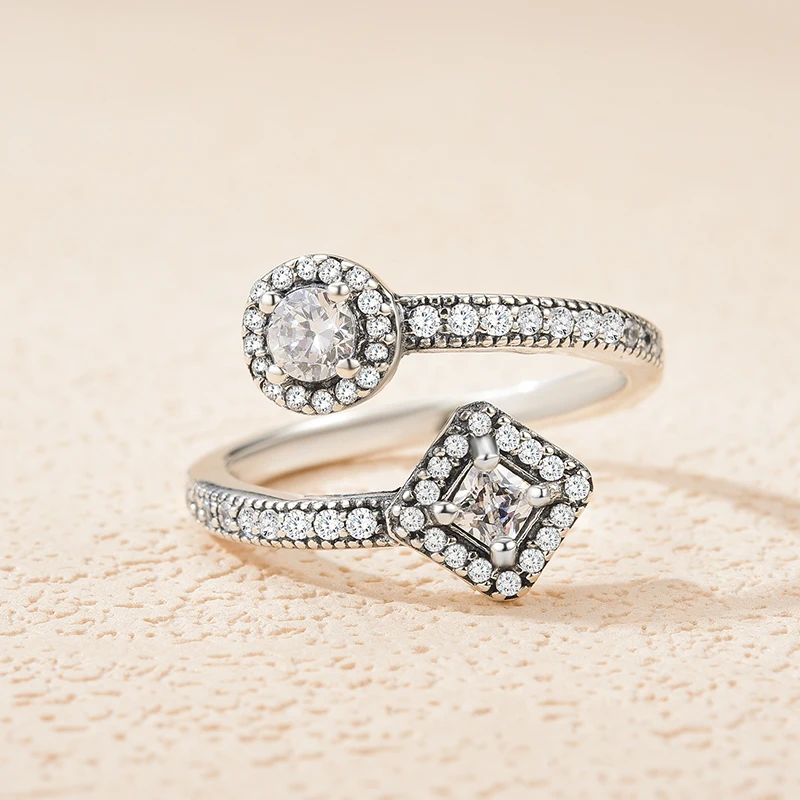 

Stylever Luxury Clear CZ Round Square Zircon Gemstone Open Rings 925 Sterling Silver Adjustable Ring for Women Original Jewelry