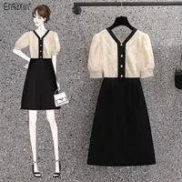 ehqaxin summer new womens dress fashion korean version v neck lace button stitching short sleeved dresses for female m 4xl
