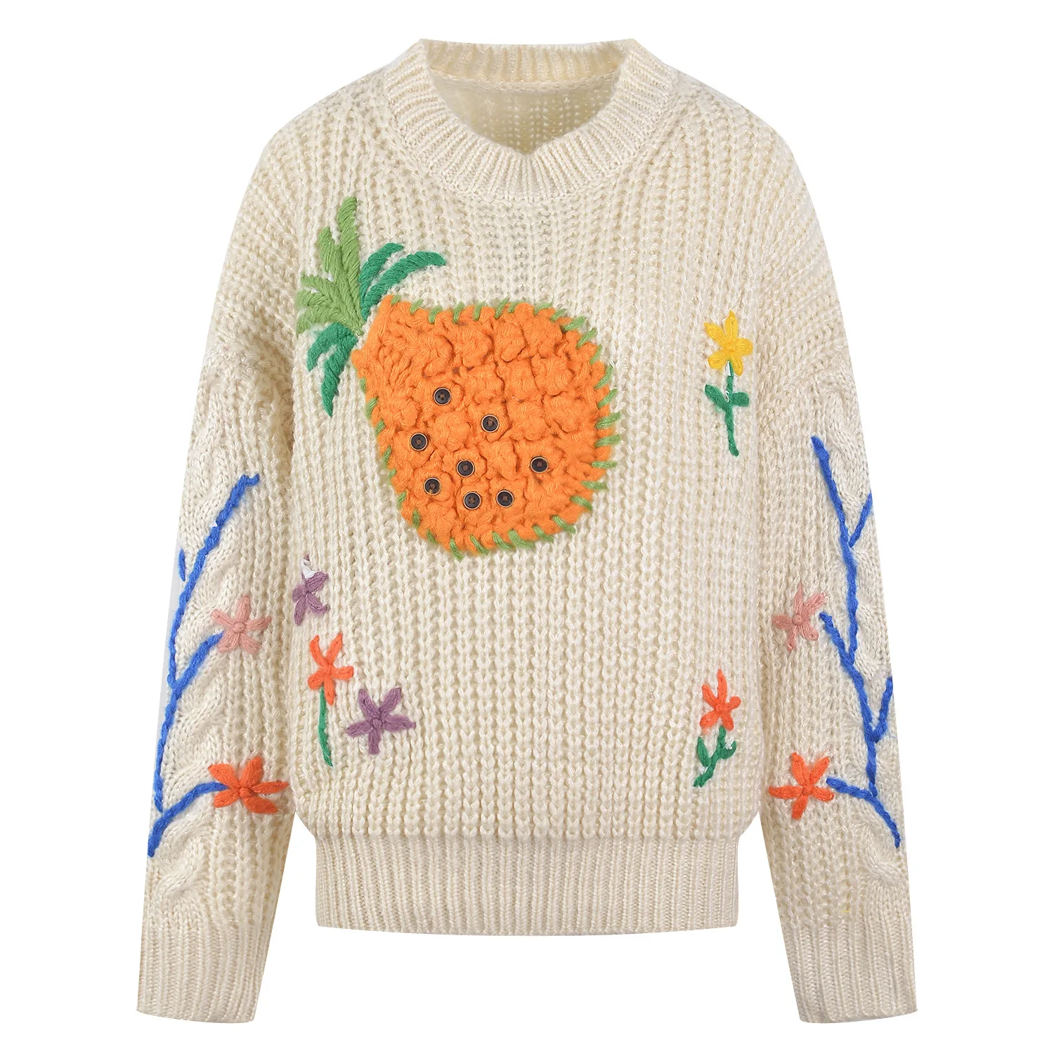 Women Sweaters and Pullovers O-Neck Jumper Long Sleeve Knitted Tops Fruit Embroidery Casual Jersey 2022 Autumn Winter Korean ins