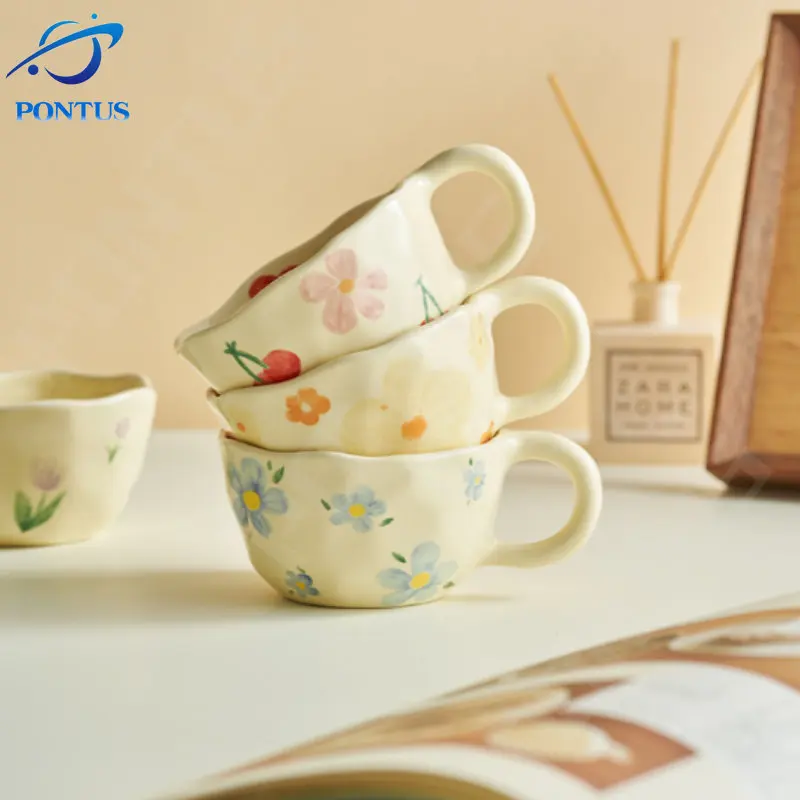 

Yellow Ceramic Mugs Coffee Cups Irregular Shape Kawaii Cup Cute Flower Milk Tea Cup with Handle Oatmeal Breakfast Mug Drinkware