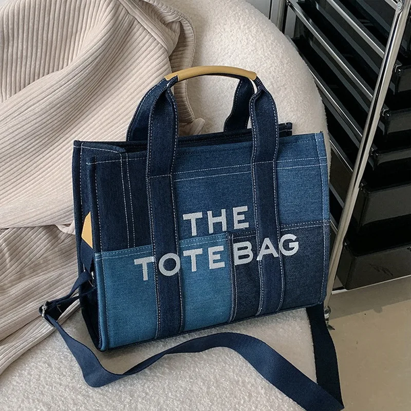 

FUNMARDI Fashion Patchwork Denim Tote Bags Designer Letters Women Handbags Shoulder Crossbody Bag Casaul Big Shopper WLHB3252