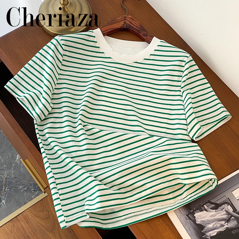 

2022Summer Woman Round Neck Green Stripe Cotton Short Sleeves Casual T-shirt Female Basic Bottoming O-neck Solid Color Top