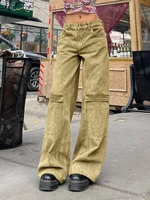 weiyao vintage tie dye print denim cargo pants women low waist wide leg mom jeans retro green baggy straight trousers harajuku