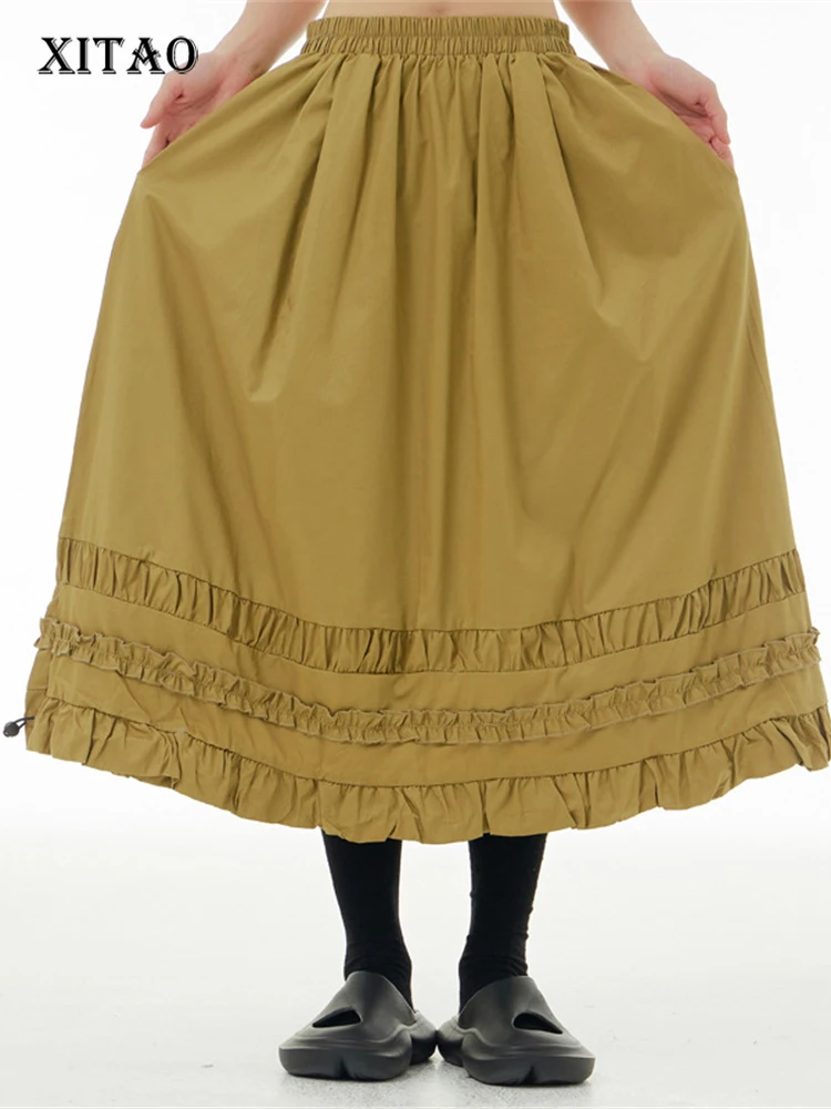 

XITAO High Waist Skirt Fashion Solid Color Pleated Hem Goddess Fan Casual Style Loose 2023 Summer Minority Skirt SMH2003