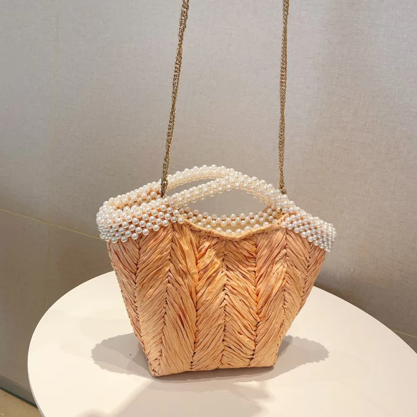 

2022 New Fashion Handbags for Women Pearl Hand Straw Bag Contrast Color Retro Chain Shoulder Messenger Bag Designer Handbags