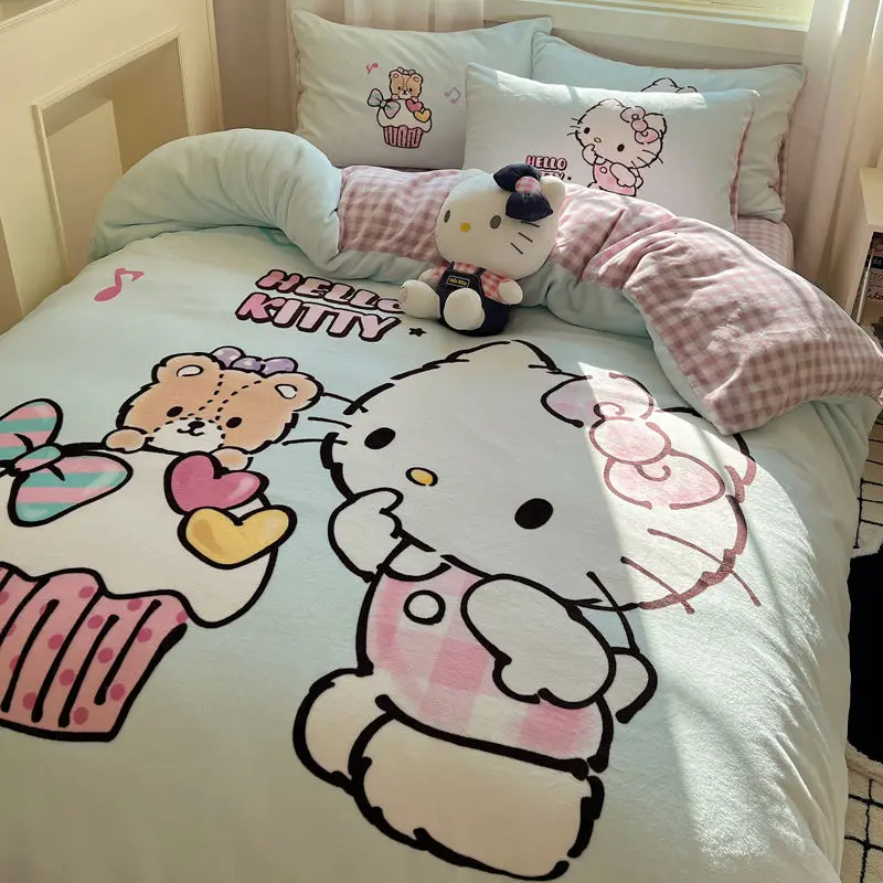 

Sanrio Hello Kitty Cinnamoroll Milk Velvet 4-Piece Anime Cartoon Thickened Bedding Student Dormitory 3-Piece Set Warm Bed Linen