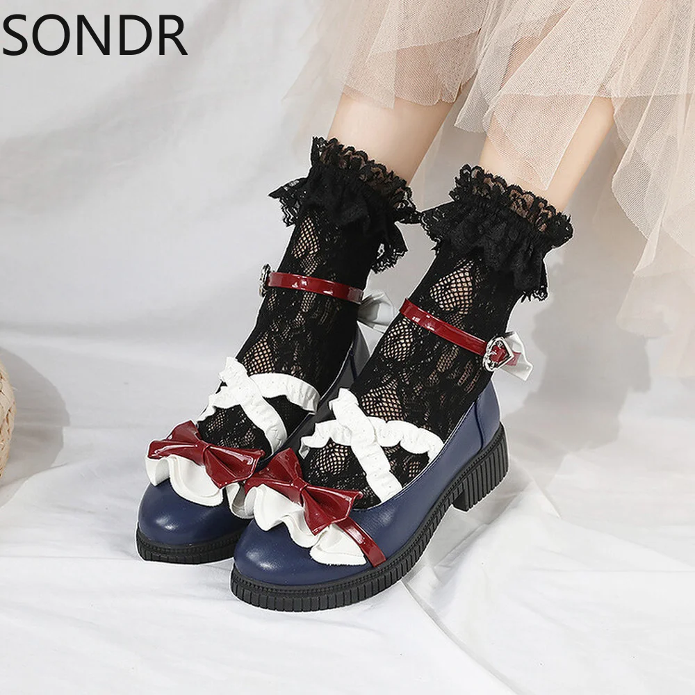 

Sweet Women's Lolita Bowtie S-straps Round Toe Pumps Block Heel Shoes Mary Jane New 2022