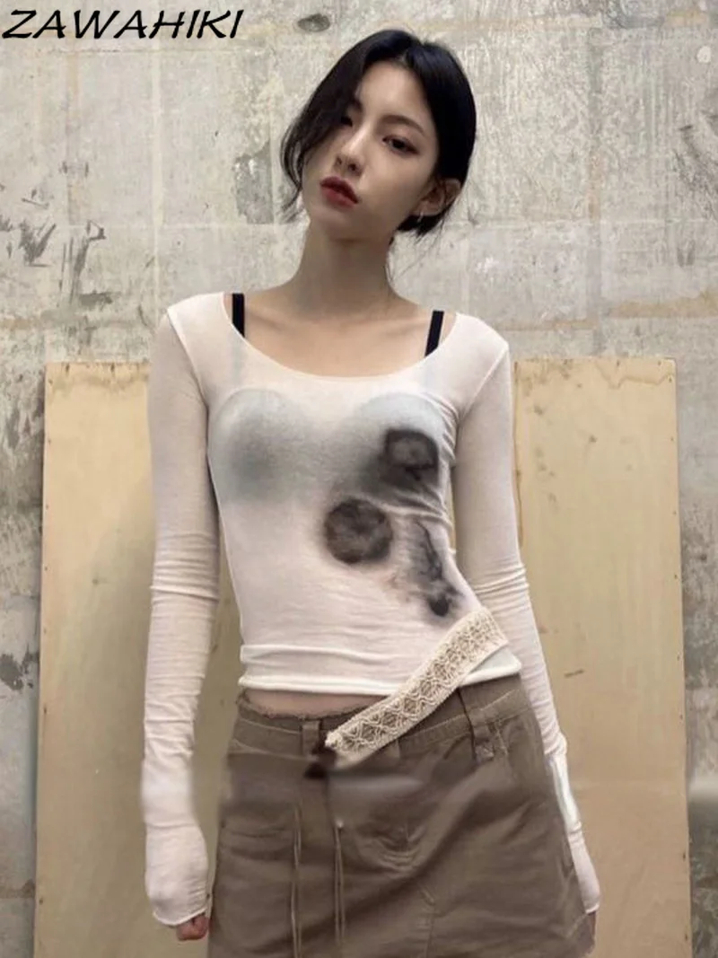 

Футболка Y2K Женская с длинным рукавом, эстетичная полупрозрачная блуза с круглым вырезом, в готическом стиле, в стиле K-POP