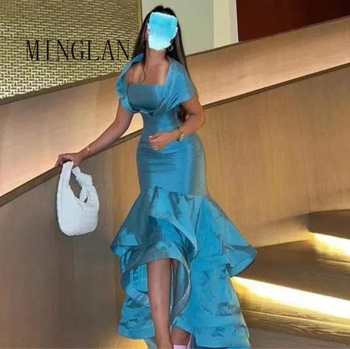 

MINGLAN Blue Elegant Sleeveless Strapless Long Mermaid Prom Dress Floor Length Sweep Train Ruffles Evening Gowns New 2023