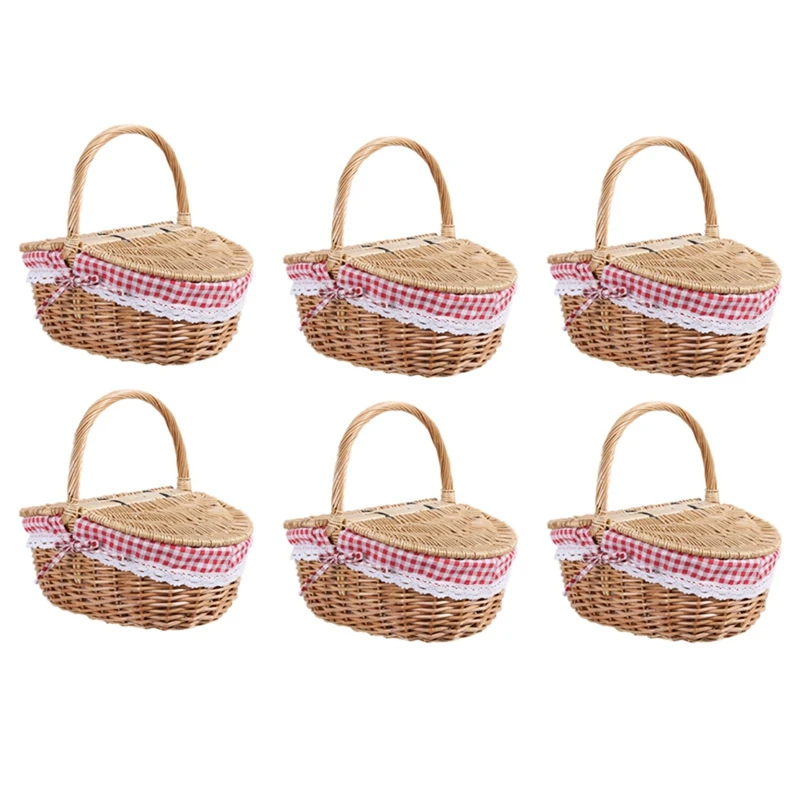 

Promotion! 6X Country Style Wicker Picnic Basket Hamper With Lid And Handle & Liners For Picnics, Parties And Bbqs