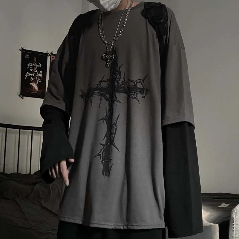 

Gothic Printed T-shirt Men's Fake Two Piece Long Sleeve T-shirts Autumn New Fashion High Street Hip Hop Loose Oversized Clothing