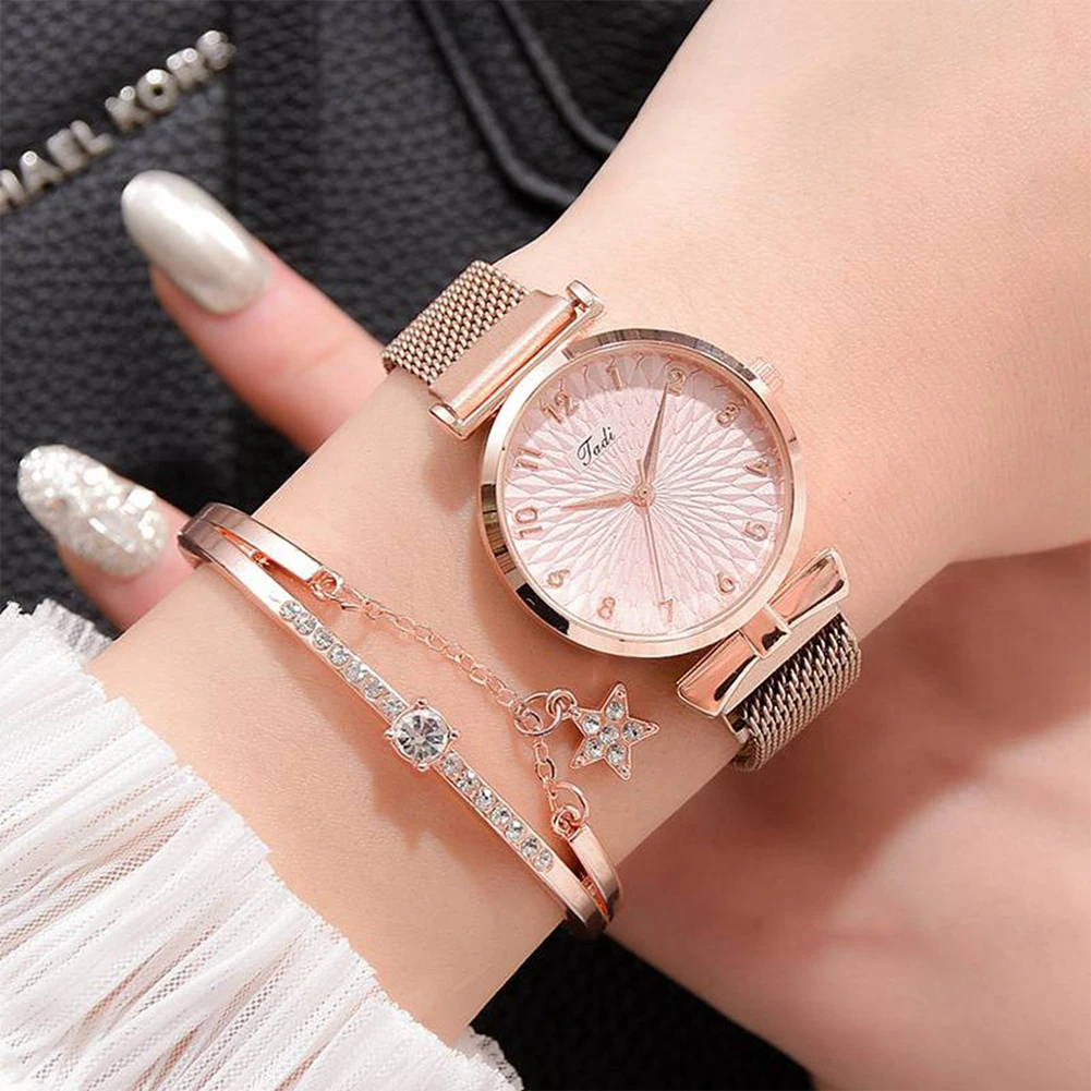 Fashion  Women Watches Luxury Magnet Buckle Flower Rhinestone Watch Ladies Quartz Wrist Watch Bracelet Set Reloj Mujer