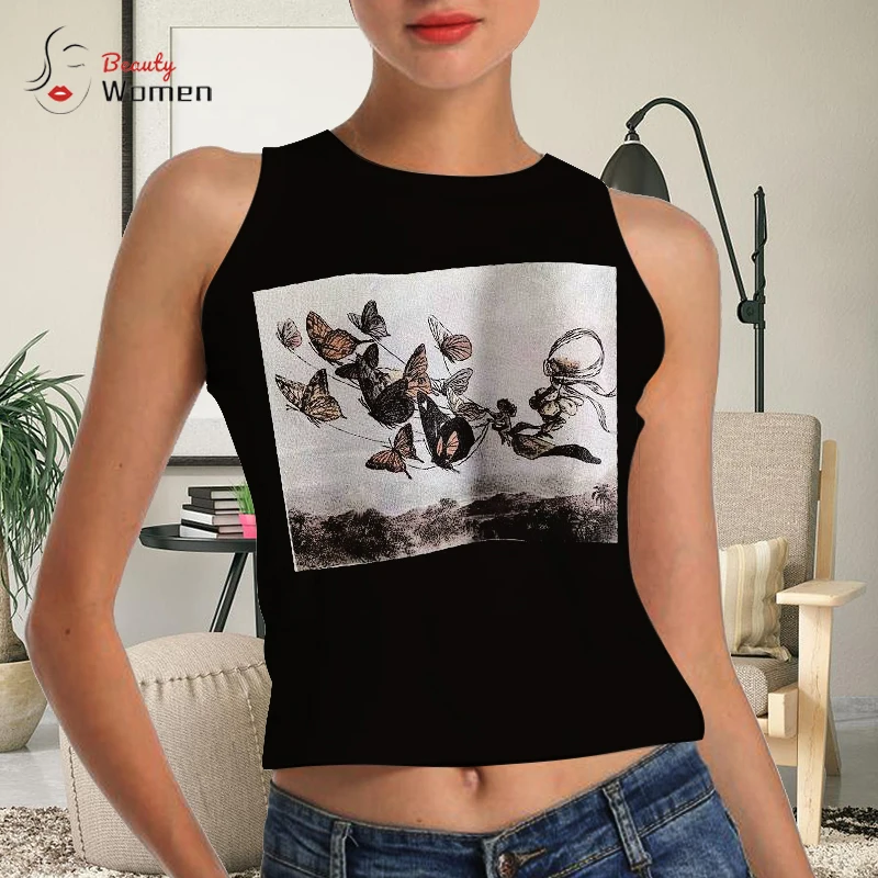 

Забавные женские футболки Y2K, черные футболки с принтом в готическом стиле, жилет без рукавов, Спортивные Повседневные топы, футболки, базов...