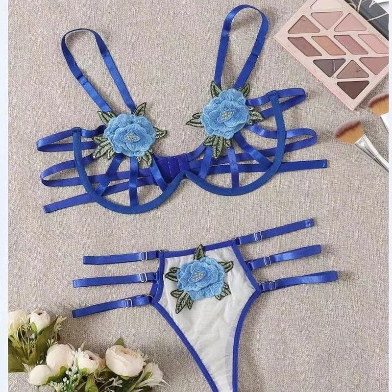 

2pcs Erotic Lingerie Set Bra White Sexy Blue Rose Flowers Embroidery +Hollow Thong Underwear Pajamas for Women Bielizna Damska