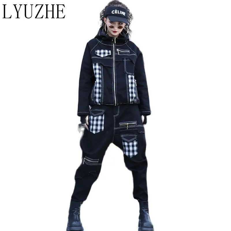 

LYUZHE Fashion Stitching Printed Short Denim Jacket+Jeans 2022 Spring New Slim Plus Velvet Thick Black Denim Sets Women ZWL3001