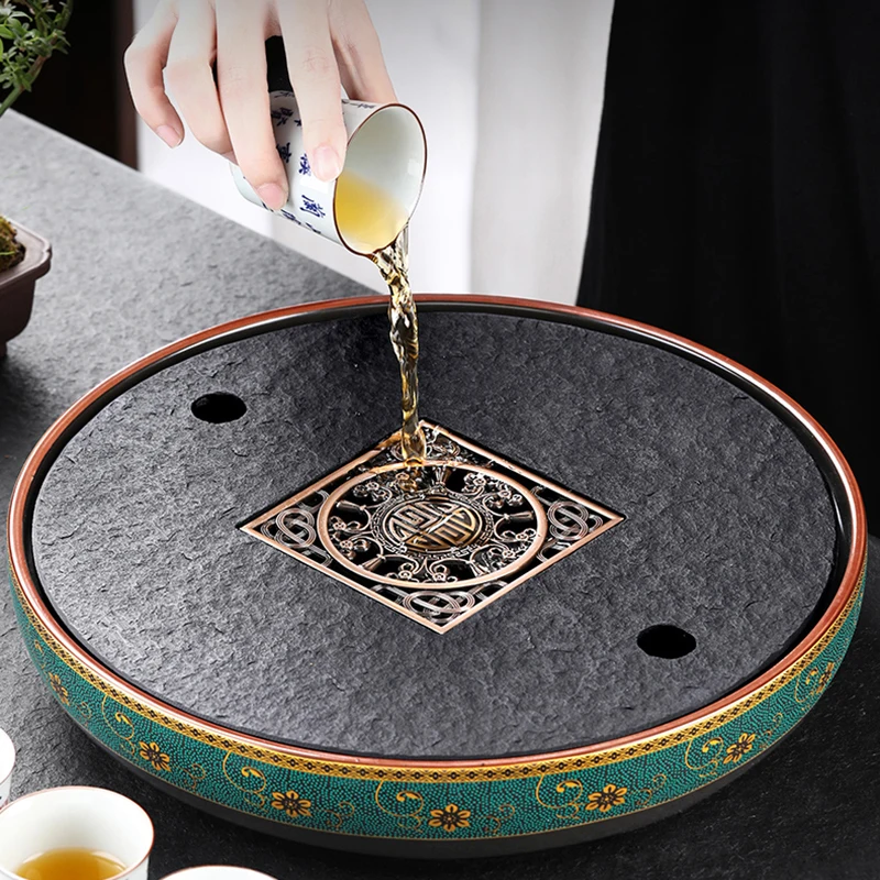 

Керамическая круглая чайная доска, роскошный дизайн, презентационный чайный поднос, емкость для воды, для гостиной, деревянный стол, устано...
