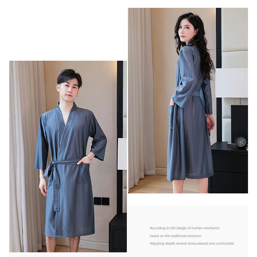 Summer Ice Silk Satin Soft Couple Sleepwear Fashion V Neck Solid Waffle Women's Robe Water Absorption Shower Robe Men Bathrobe