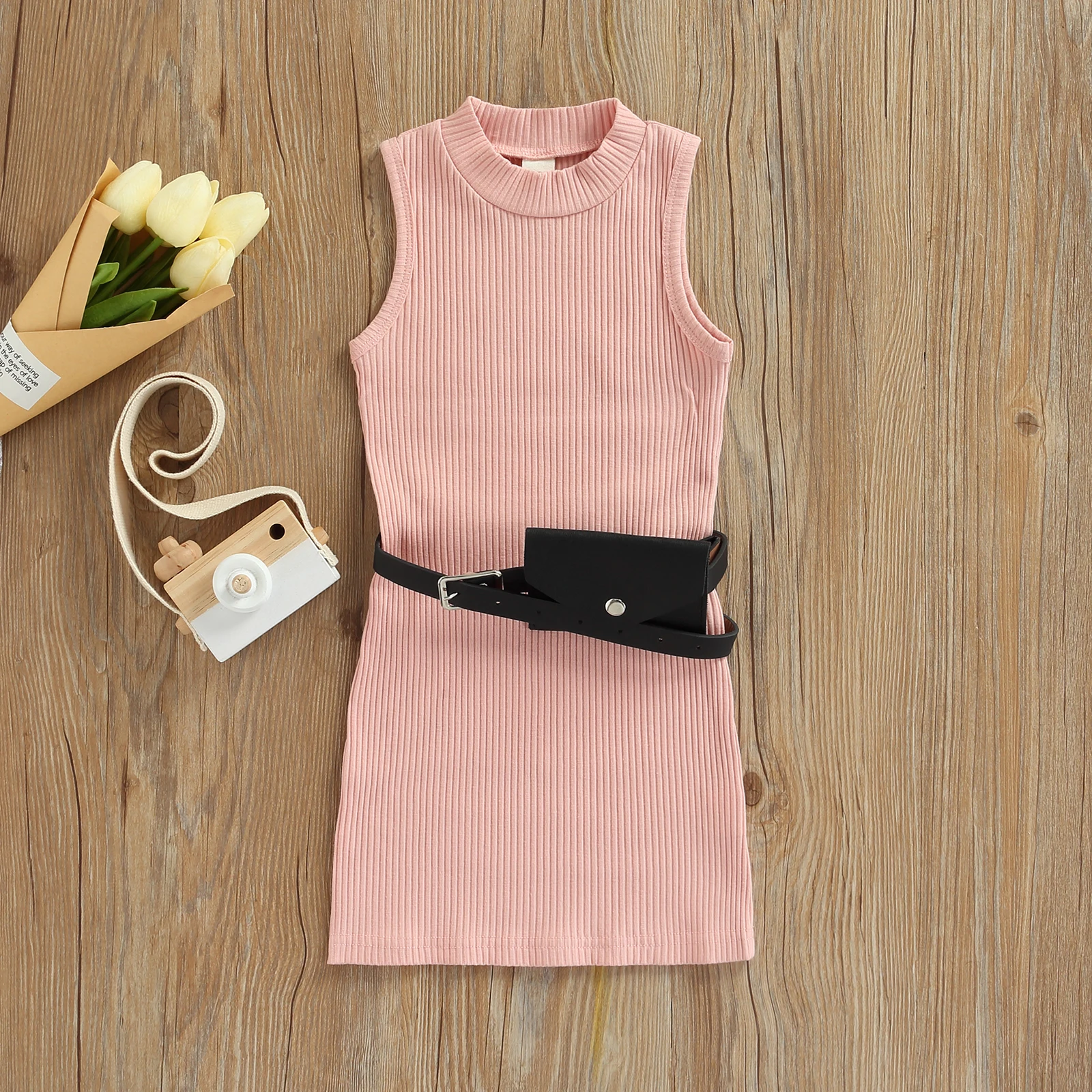 

Kids Dress Solid Color Crew Neck Sleeveless Ribbed Dress with Waist Belt and Bag for Girls 1-6 Years