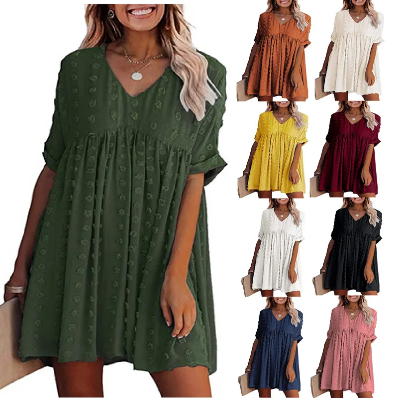 

2022 Summer Women Sexy V-Neck Chiffon Mini Dress Simple Loose Plus Size Solid Color Casual Dresses Elegant Fashion Chic Dress