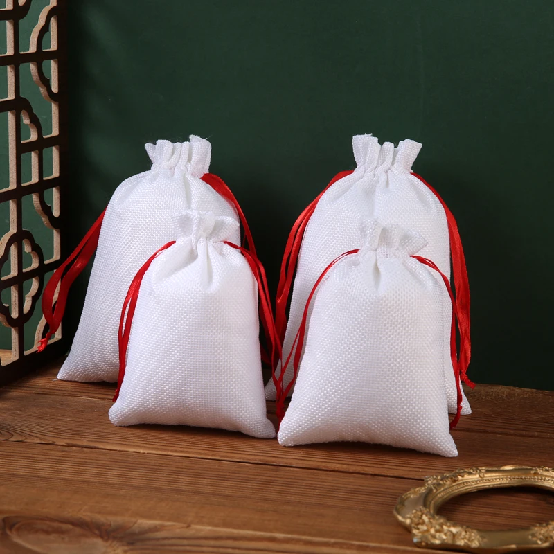 

5 PCS White Beige Small Imitation Hemp Bags Pouches Drawstrings Soft Small Jewelry Ring Gift Packing Bags 50PCS