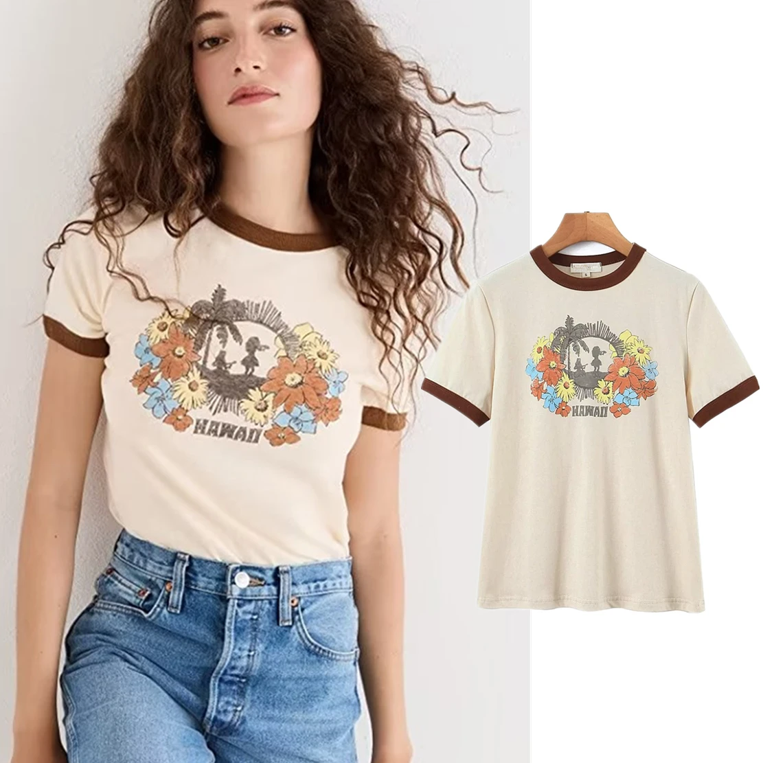 

Maxdutti 2023 Summer Ins Cotton T-shirt Blogger Vintage Printed Contrast Round Neck Top Women