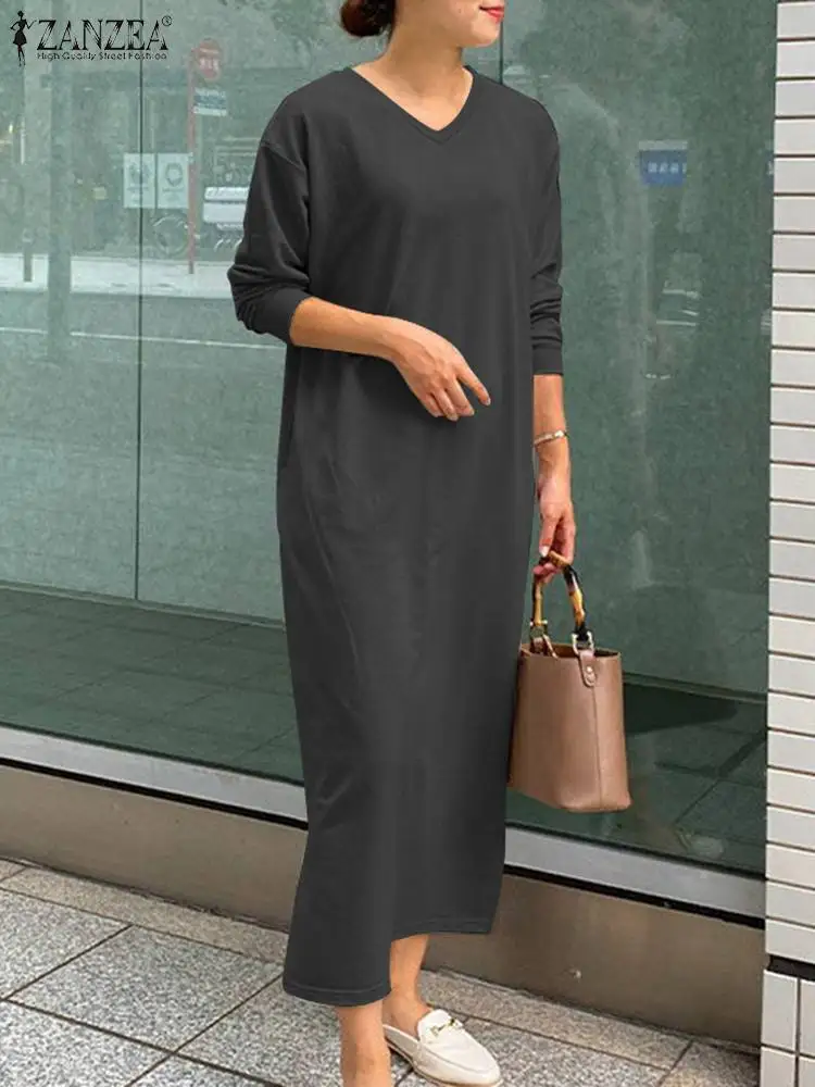 

Осеннее модное однотонное платье ZANZEA с длинным рукавом и круглым вырезом, Макси Сарафан, винтажное офисное платье, женское Повседневное платье с разрезом на подоле, 2023