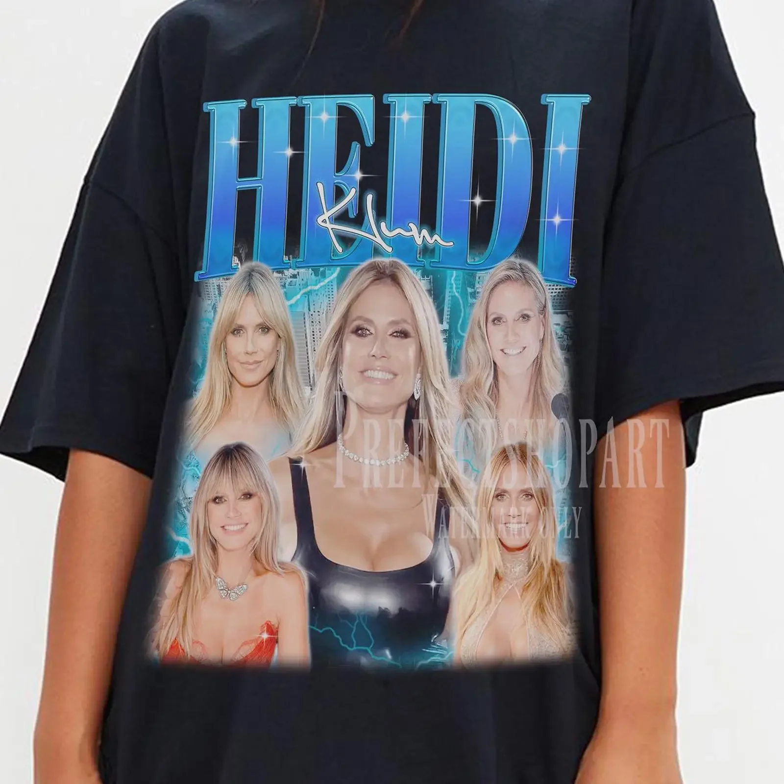 Фото Винтажная футболка HEIDI KLUM: Ретро-свитер в стиле 90-х для фанатов, дизайнерская одежда в уличном стиле, с эффектом потертости №1