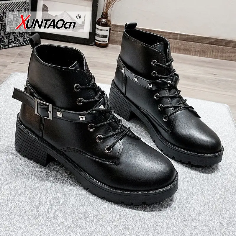 

2021 Fashion Women Leather Shoes Winter Woman Casual Martins Boots Female Ankle Boots Fashion lace-up with belt Women Boots