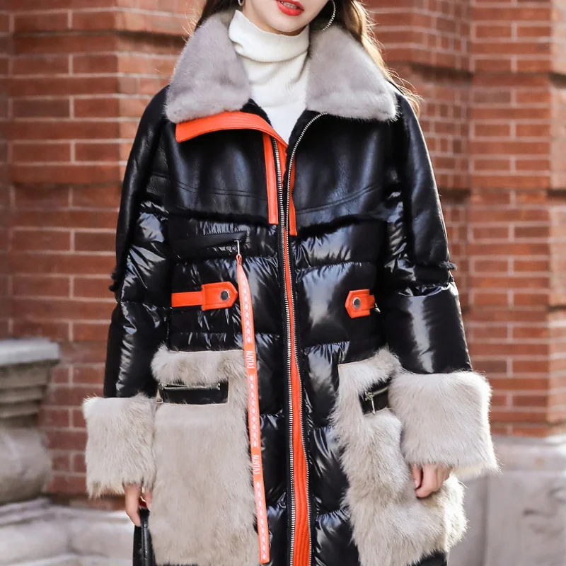 

2023 Real Fur In One Leather Jacket Women Clothes Black Korean Fashion Winter Coat Genuine Leather Warm Down Jackets Zm