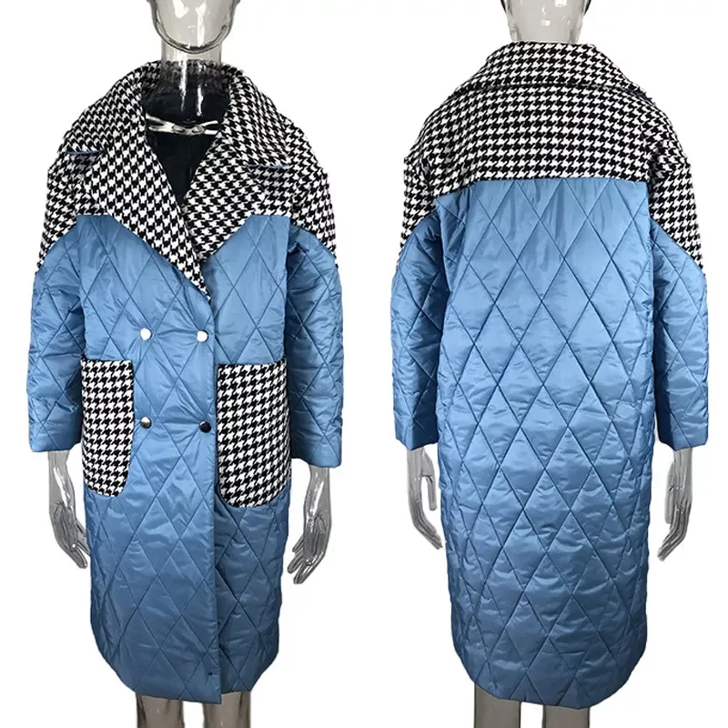 2022New Turn Down Collar Parkas Women Fashion Patchwork Houndstooth Coats Women Elegant Loose Long Cotton Jacket Female Ladies J