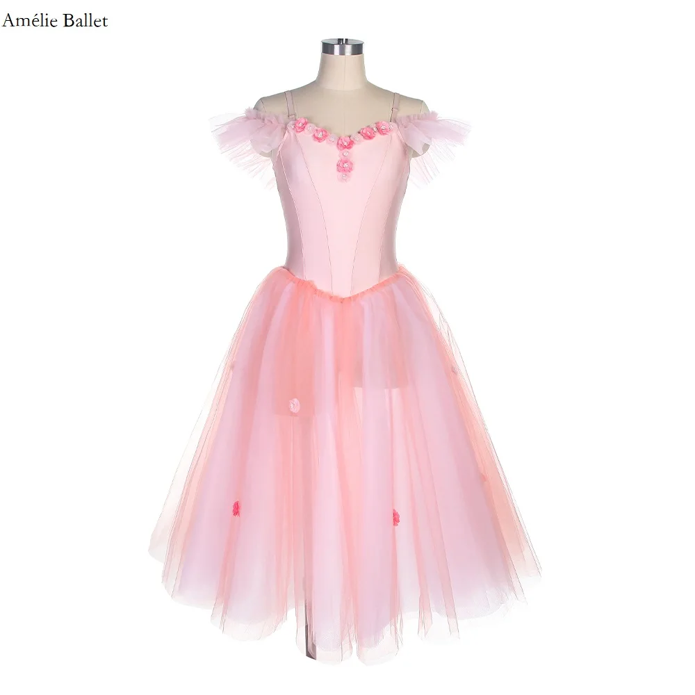 

20534 Off The Shoulder Pink spandex Long Romantic Tutu Skirt with Flower decoration Girls & Women Dance Costume Dancing Dresses