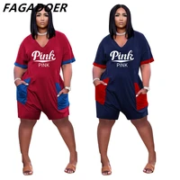 fagadoer 5xl oversized casual playsuits women pink print outfits shorts jumpsuits color patchwork straight wide leg pants romper