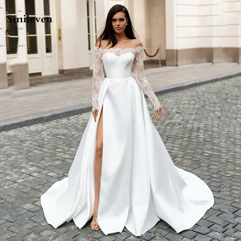 Smileven Кружевное свадебное платье с длинными рукавами A line открытыми плечами