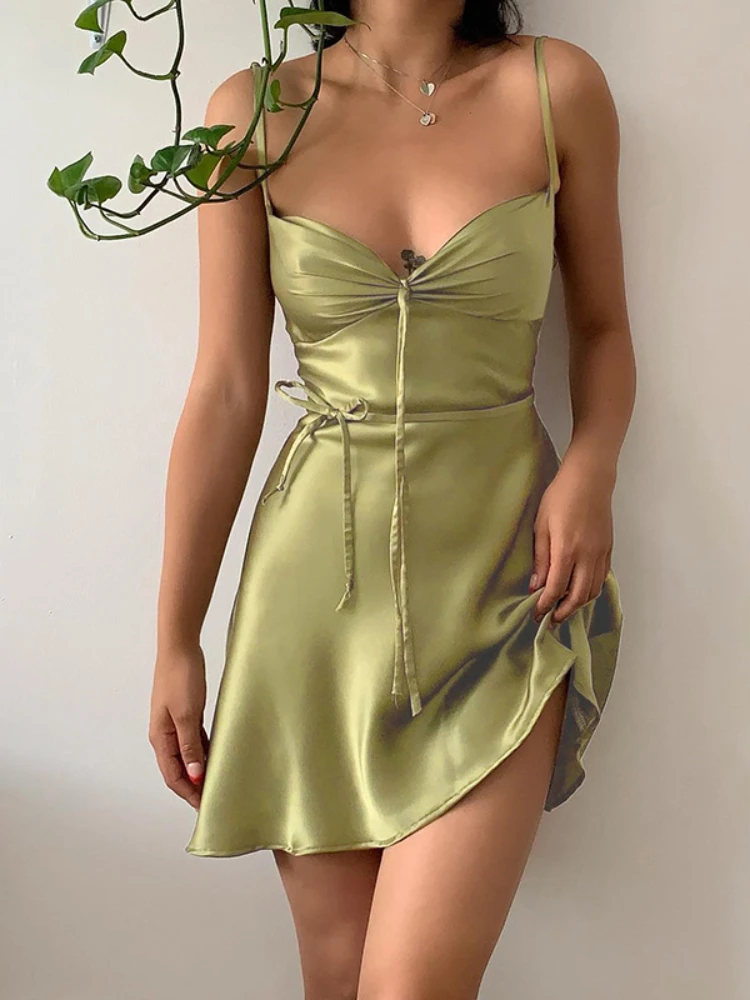 

Sexy Satin Green Strappy Suspender Skirt 2022 Summer Dress New Temperament Commuter Dress Streetwear Y2k Dress